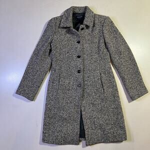 Ann Taylor Black Herringbone Coat Size 2 Tailored Wool Blend Midi Quiet Luxury